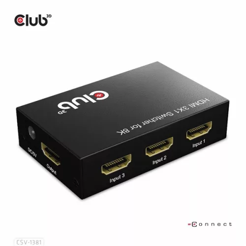 Club 3D Switch - CSV-1381 (3 to 1 HDMI, 8K60Hz/4K120Hz, IR Távirányítóval, HDR, HDCP 2.2/1.4, Metalház)