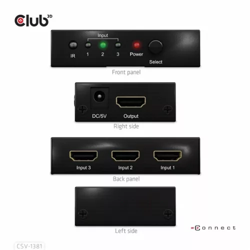 Club 3D Switch - CSV-1381 (3 to 1 HDMI, 8K60Hz/4K120Hz, IR Távirányítóval, HDR, HDCP 2.2/1.4, Metalház)