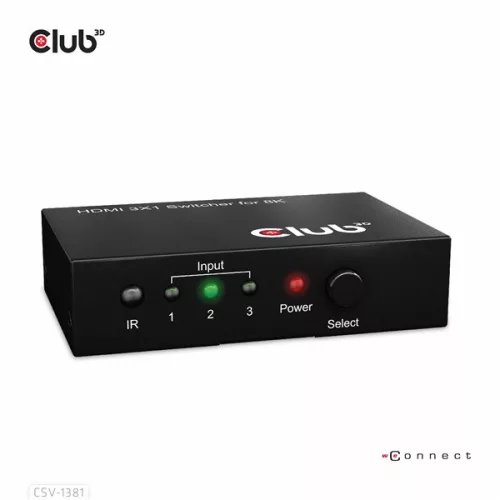 Club 3D Switch - CSV-1381 (3 to 1 HDMI, 8K60Hz/4K120Hz, IR Távirányítóval, HDR, HDCP 2.2/1.4, Metalház)