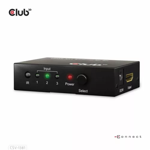Club 3D Switch - CSV-1381 (3 to 1 HDMI, 8K60Hz/4K120Hz, IR Távirányítóval, HDR, HDCP 2.2/1.4, Metalház)