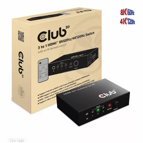 Club 3D Switch - CSV-1381 (3 to 1 HDMI, 8K60Hz/4K120Hz, IR Távirányítóval, HDR, HDCP 2.2/1.4, Metalház)