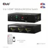Club 3D Switch - CSV-1381 (3 to 1 HDMI, 8K60Hz/4K120Hz, IR Távirányítóval, HDR, HDCP 2.2/1.4, Metalház)