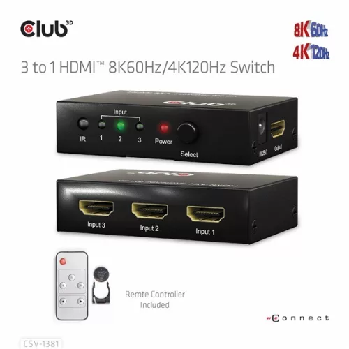 Club 3D Switch - CSV-1381 (3 to 1 HDMI, 8K60Hz/4K120Hz, IR Távirányítóval, HDR, HDCP 2.2/1.4, Metalház)