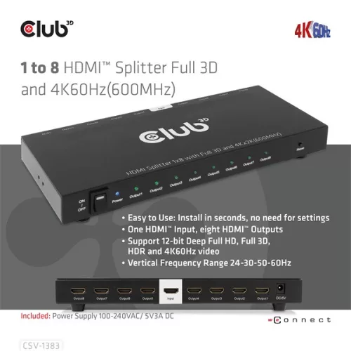 Club 3D Splitter - CSV-1383 (1 to 8 HDMI, 4K60Hz, HDR, Full 3D, 6Gbps, 12-bit Deep Color)