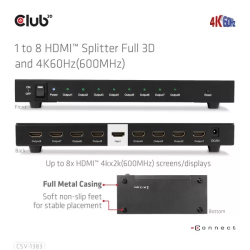 Club 3D Splitter - CSV-1383 (1 to 8 HDMI, 4K60Hz, HDR, Full 3D, 6Gbps, 12-bit Deep Color)