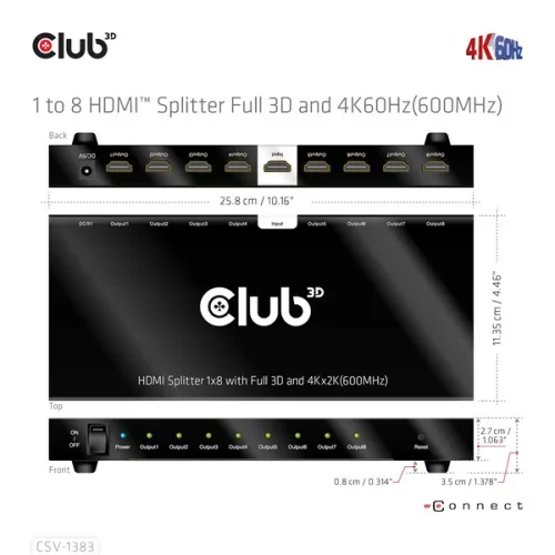 Club 3D Splitter - CSV-1383 (1 to 8 HDMI, 4K60Hz, HDR, Full 3D, 6Gbps, 12-bit Deep Color)