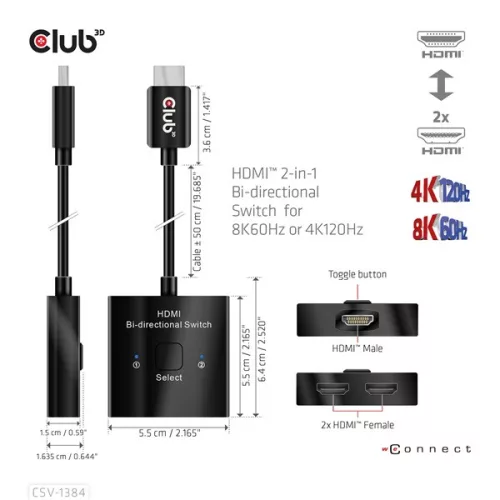 Club 3D Switch - CSV-1384 (HDMI 2-az-1-ben, Kétirányú, 8K60Hz/4K120Hz, HDR, HDMI 2.1)