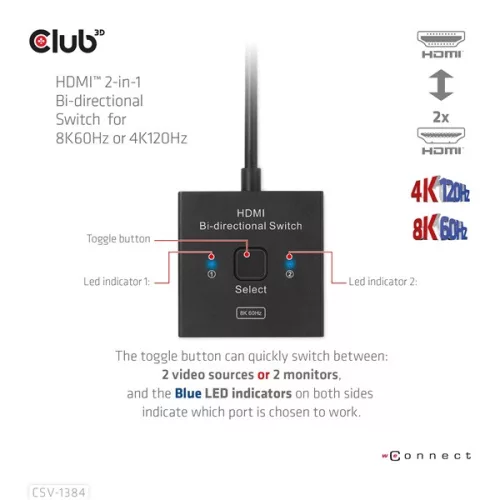 Club 3D Switch - CSV-1384 (HDMI 2-az-1-ben, Kétirányú, 8K60Hz/4K120Hz, HDR, HDMI 2.1)