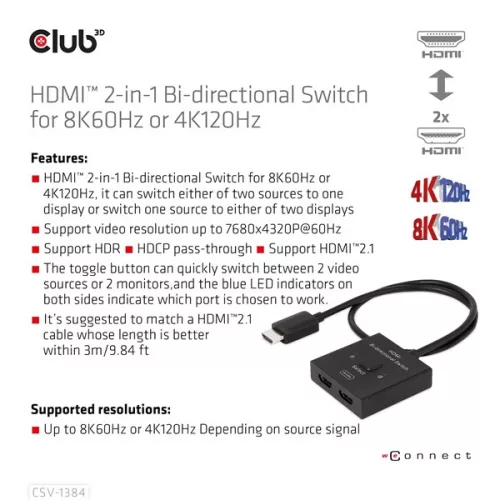 Club 3D Switch - CSV-1384 (HDMI 2-az-1-ben, Kétirányú, 8K60Hz/4K120Hz, HDR, HDMI 2.1)