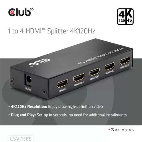 Club 3D Splitter - CSV-1385 (1 to 4 HDMI, 4K120Hz, 3D, HDCP 1.4/2.2, Audio, 6Gbps)