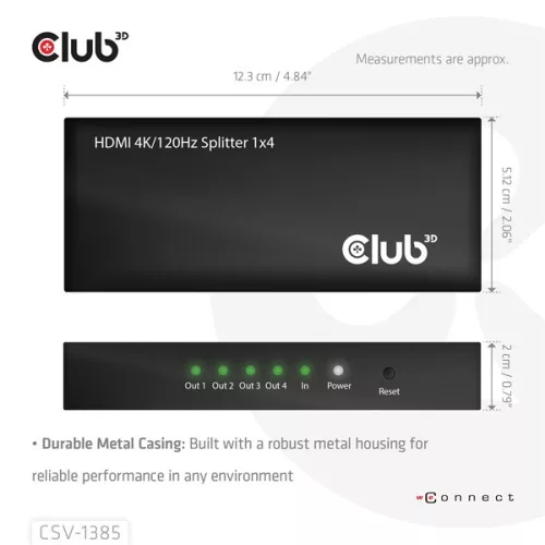 Club 3D Splitter - CSV-1385 (1 to 4 HDMI, 4K120Hz, 3D, HDCP 1.4/2.2, Audio, 6Gbps)