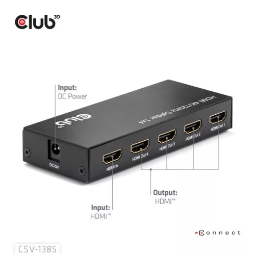 Club 3D Splitter - CSV-1385 (1 to 4 HDMI, 4K120Hz, 3D, HDCP 1.4/2.2, Audio, 6Gbps)