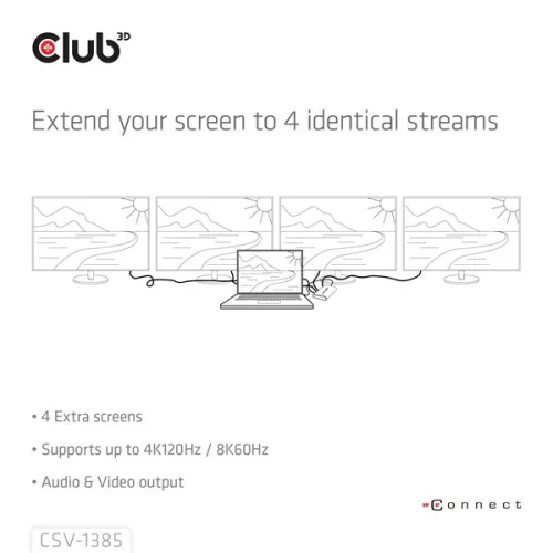 Club 3D Splitter - CSV-1385 (1 to 4 HDMI, 4K120Hz, 3D, HDCP 1.4/2.2, Audio, 6Gbps)