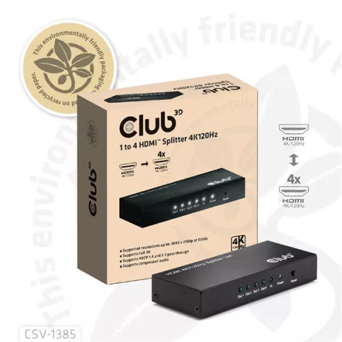 Club 3D Splitter - CSV-1385 (1 to 4 HDMI, 4K120Hz, 3D, HDCP 1.4/2.2, Audio, 6Gbps)