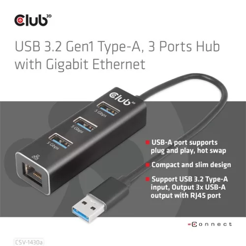 Club 3D USB Hub - CSV-1430A (3.2 USB-A to 3xUSB-A, RJ45)