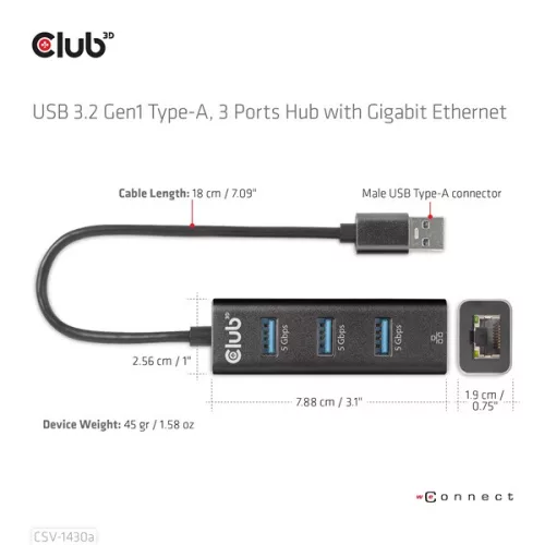 Club 3D USB Hub - CSV-1430A (3.2 USB-A to 3xUSB-A, RJ45)