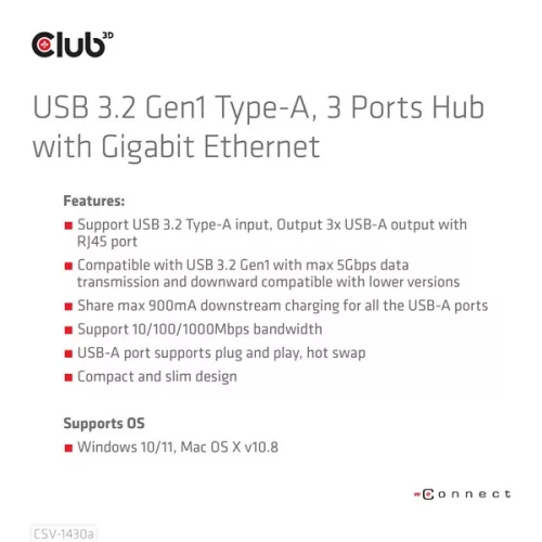 Club 3D USB Hub - CSV-1430A (3.2 USB-A to 3xUSB-A, RJ45)