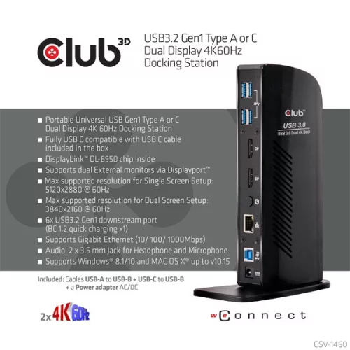 Club 3D Notebook Dokkoló - CSV-1460 (4K60HZ DUAL DISPLAY, 3.1 USB-A to 2x DP, 6x USB3.2, RJ45, 3.5 Jack Audio + Mic)