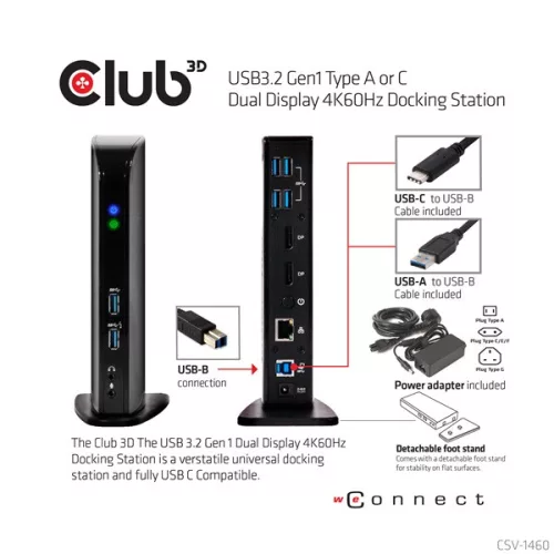 Club 3D Notebook Dokkoló - CSV-1460 (4K60HZ DUAL DISPLAY, 3.1 USB-A to 2x DP, 6x USB3.2, RJ45, 3.5 Jack Audio + Mic)