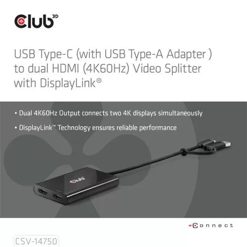 Club 3D Video Splitter - CSV-1475 (4K60HZ, 3.2 USB-C (USB-A Adapterrel) to 2xHDMI, Displaylink)