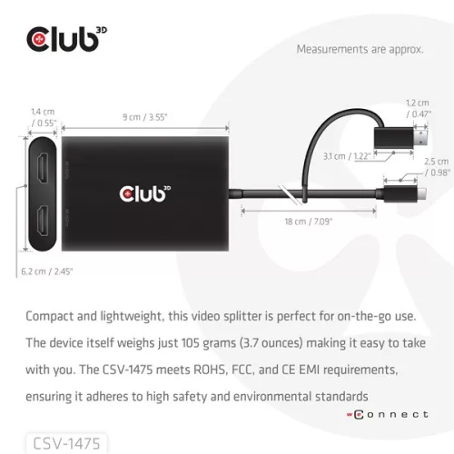 Club 3D Video Splitter - CSV-1475 (4K60HZ, 3.2 USB-C (USB-A Adapterrel) to 2xHDMI, Displaylink)