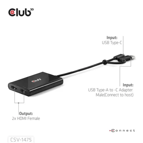 Club 3D Video Splitter - CSV-1475 (4K60HZ, 3.2 USB-C (USB-A Adapterrel) to 2xHDMI, Displaylink)