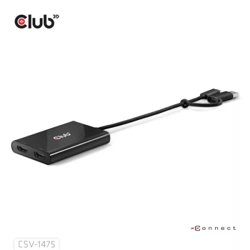Club 3D Video Splitter - CSV-1475 (4K60HZ, 3.2 USB-C (USB-A Adapterrel) to 2xHDMI, Displaylink)