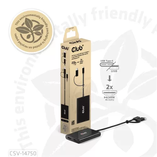 Club 3D Video Splitter - CSV-1475 (4K60HZ, 3.2 USB-C (USB-A Adapterrel) to 2xHDMI, Displaylink)