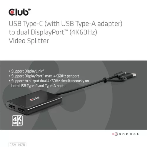 Club 3D Video Splitter - CSV-1478 (4K60HZ, 3.2 USB-C (USB-A adapterrel) to 2xDisplayPort)
