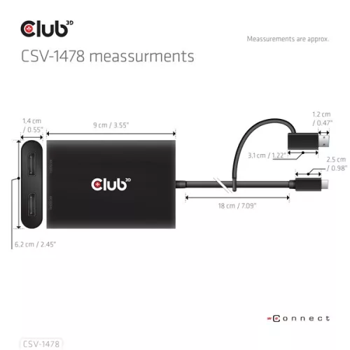 Club 3D Video Splitter - CSV-1478 (4K60HZ, 3.2 USB-C (USB-A adapterrel) to 2xDisplayPort)