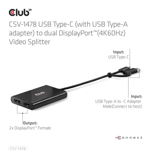Club 3D Video Splitter - CSV-1478 (4K60HZ, 3.2 USB-C (USB-A adapterrel) to 2xDisplayPort)