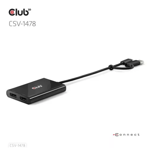 Club 3D Video Splitter - CSV-1478 (4K60HZ, 3.2 USB-C (USB-A adapterrel) to 2xDisplayPort)