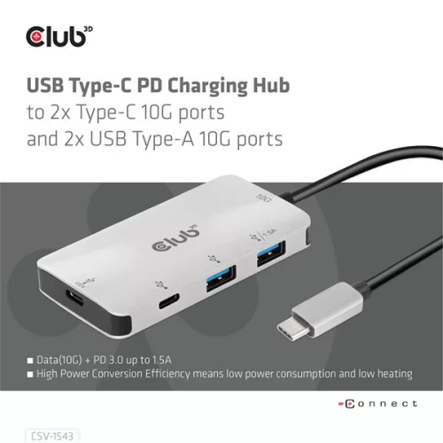 Club 3D USB Hub - CSV-1543 (USB-C Gen 2 to USB-C (data), USB-C (data+charge), USB-A (data), USB-A (data+charge)