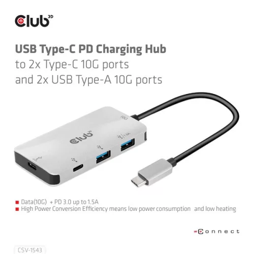 Club 3D USB Hub - CSV-1543 (USB-C Gen 2 to USB-C (data), USB-C (data+charge), USB-A (data), USB-A (data+charge)