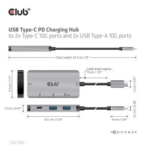 Club 3D USB Hub - CSV-1543 (USB-C Gen 2 to USB-C (data), USB-C (data+charge), USB-A (data), USB-A (data+charge)