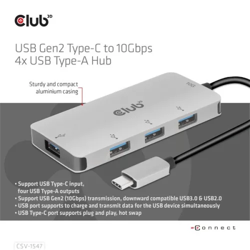 Club 3D USB Hub - CSV-1547 (USB-C Gen 2 to 4xUSB-A 10 Gbps)