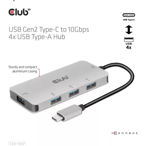 Club 3D USB Hub - CSV-1547 (USB-C Gen 2 to 4xUSB-A 10 Gbps)