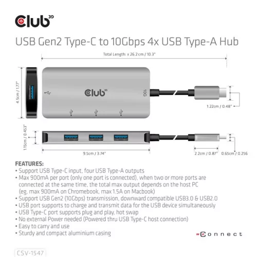 Club 3D USB Hub - CSV-1547 (USB-C Gen 2 to 4xUSB-A 10 Gbps)