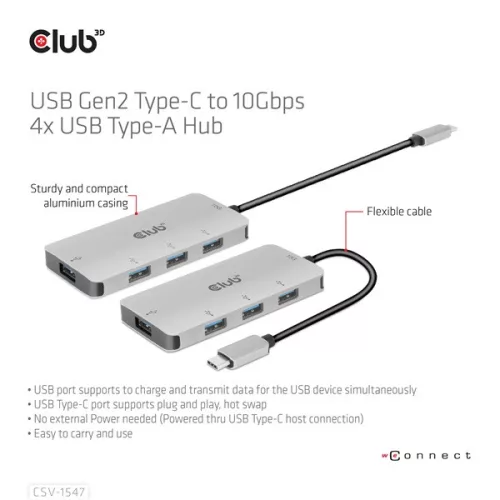 Club 3D USB Hub - CSV-1547 (USB-C Gen 2 to 4xUSB-A 10 Gbps)