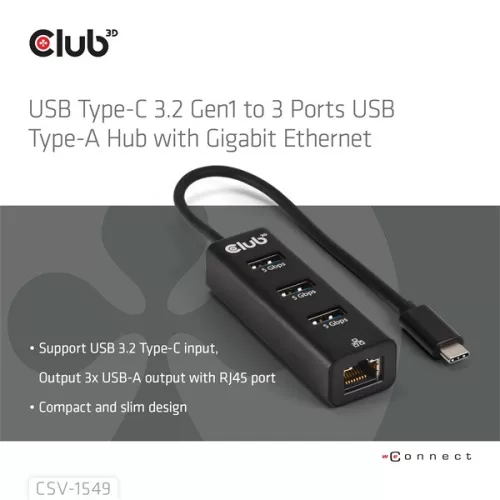 Club 3D USB Hub - CSV-1549 (3.2 USB-C Gen 1 to 3xUSB-A, RJ45,1Gbps)