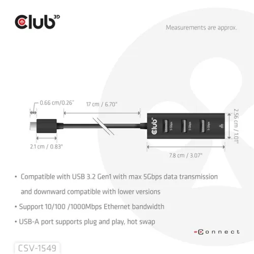Club 3D USB Hub - CSV-1549 (3.2 USB-C Gen 1 to 3xUSB-A, RJ45,1Gbps)