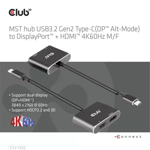 Club 3D USB Hub - CSV-1552 (3.2 USB-C Gen 1 to DisplayPort, HDMI, 4k60Hz)