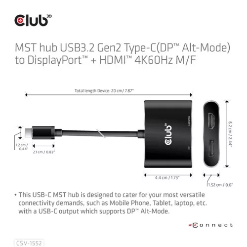 Club 3D USB Hub - CSV-1552 (3.2 USB-C Gen 1 to DisplayPort, HDMI, 4k60Hz)