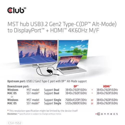Club 3D USB Hub - CSV-1552 (3.2 USB-C Gen 1 to DisplayPort, HDMI, 4k60Hz)