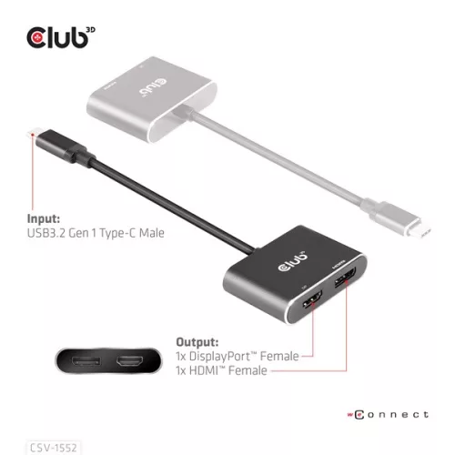Club 3D USB Hub - CSV-1552 (3.2 USB-C Gen 1 to DisplayPort, HDMI, 4k60Hz)