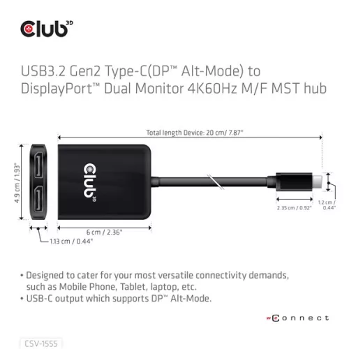 Club 3D USB Hub - CSV-1555 (3.2 USB-C to 2xDisplayPort, 4k60Hz)
