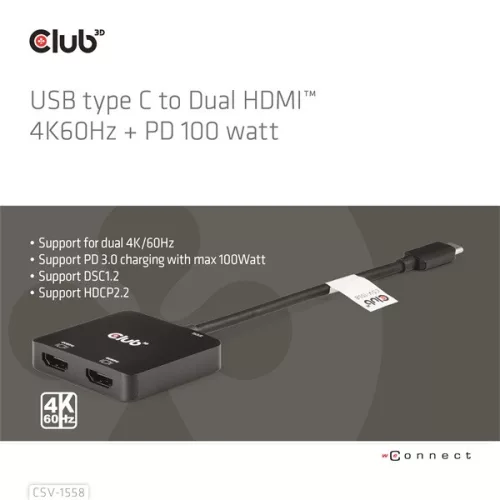 Club 3D USB Hub - CSV-1558 (3.2 USB-C to 2xHDMI, USB-C 100W PD3.0, 4k60Hz)