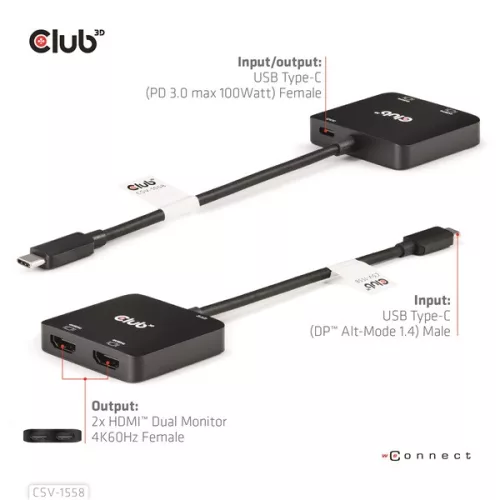 Club 3D USB Hub - CSV-1558 (3.2 USB-C to 2xHDMI, USB-C 100W PD3.0, 4k60Hz)