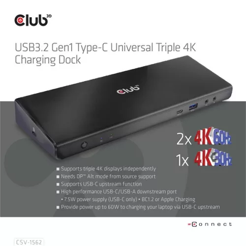 Club 3D Notebook Dokkoló - CSV-1562 (60W, 3.2 USB-C to 3xHDMI, 2x DP, 6x 3.2 USB-A, RJ45. 3,5 Jack)