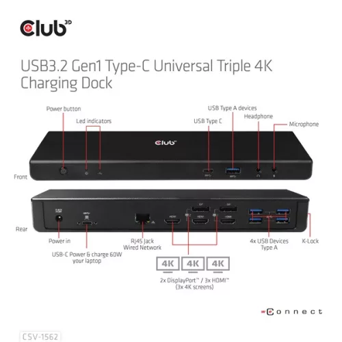 Club 3D Notebook Dokkoló - CSV-1562 (60W, 3.2 USB-C to 3xHDMI, 2x DP, 6x 3.2 USB-A, RJ45. 3,5 Jack)